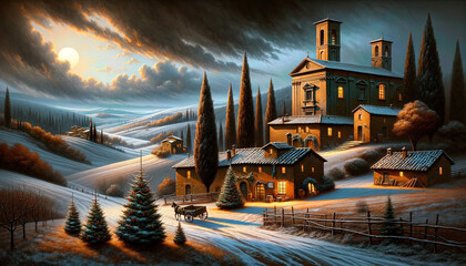 Christmas Seasonal Illustration - Rural Scene in Tuscany on a Cold Winter Night