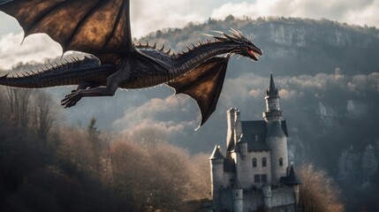 Fantasy dragon flying with a castle in the background. Eastern, Oriental legends Concept.