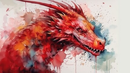 Red dragon head in watercolor painting background. Eastern, Oriental legends Concept.