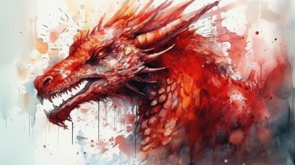Red dragon head in watercolor painting background. Eastern, Oriental legends Concept.