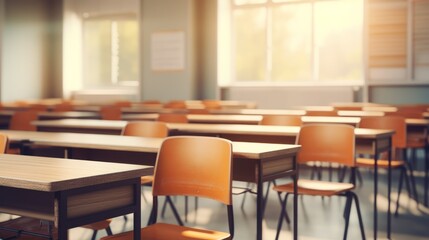 Detailed view of an empty classroom with chairs and tables
