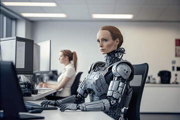 Fototapeta na wymiar Female Humanoid Robot as an Office Professional: The Integration of AI in Modern Workspaces, Generative AI