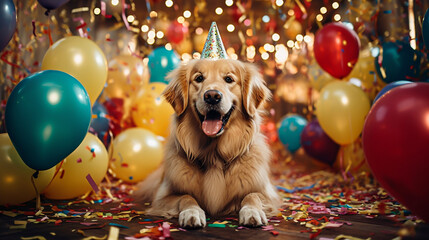 Golden retriever dog celebrating his birthday with balloons and confetti