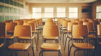 Detailed view of an empty classroom with chairs and tables