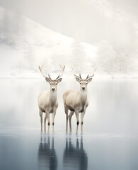 Two reindeers stand in the water on a mountain lake, foggy muted snowy winter landscape. Photo of winter wildlife animals and nature. Design for greeting card, poster, print with copy space.