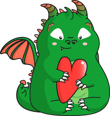 Fototapeta premium Green cute dragon with big red heart in its paws. Clipart.