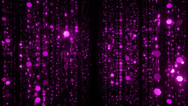 Awards corridor of sparkling purple hexagon particle chains or glitter garland vj loop 3d render. Holidays background, spotlight overlay for christmas card, music nightclub, award ceremony, bokeh