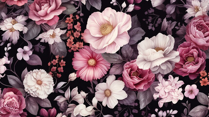 Seamless floral pattern with flowers on dark background - obrazy, fototapety, plakaty