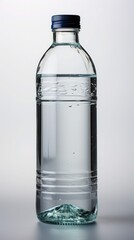 Transparent, fully filled glass bottle on a light background with a screw cap.