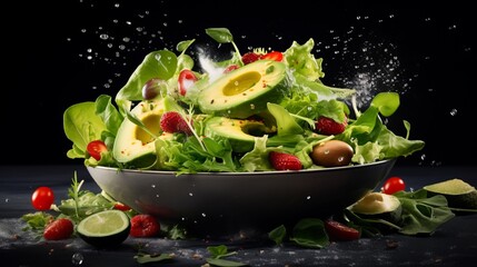healthy salad with fresh ingredients, food photography, copy space, 16:9
