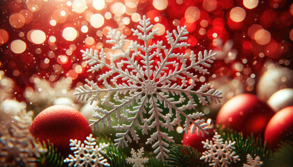 Obraz na płótnie Canvas Red xmas baubles and snowflake background. Generative ai.