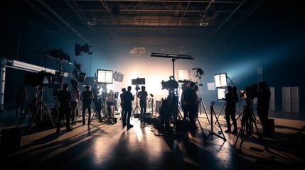 Film set crew team lightman and cameraman working together with director in big studio, video production behind the scenes making of TV commercial movie. Modern movie set