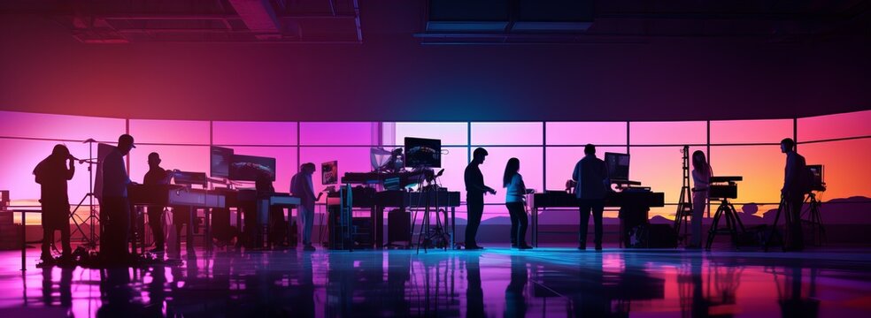 Film crew team lightman and cameraman working together with director in big studio, video production behind the scenes making of TV commercial movie