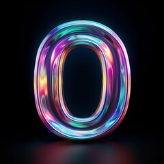 Glowing neon sign. Number 0 or capital O letter created in vibrant neon graduated colors on dark background. 