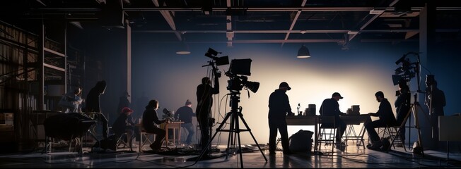Film crew team lightman and cameraman working together with director in big studio, video production behind the scenes making of TV commercial movie - obrazy, fototapety, plakaty