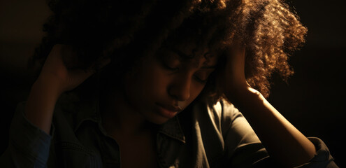 Nachdenkliche junge Frau in stimmungsvollem Licht, Generative AI