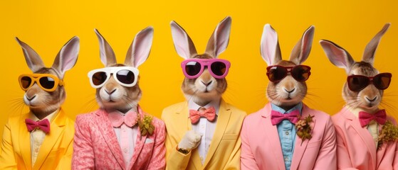Rabbit Bunny in a group, bright fashionable outfits isolated on solid background