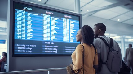 A black couple at an international airport looks at the flight information board 
