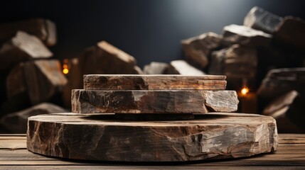 Artistic Wooden Podium with Stone Accents in a Dramatic Spotlight.