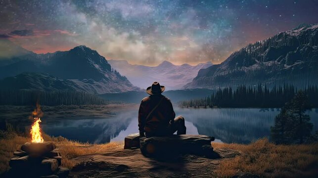 man sitting on the edge of the lake with a beautiful night view. seamless looping time-lapse virtual video Animation Background.	