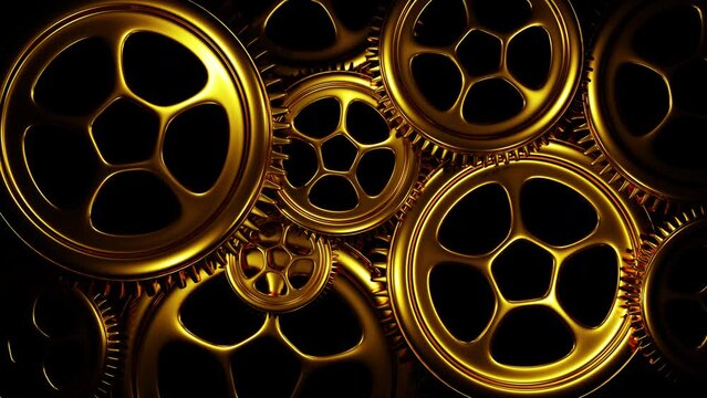 Golden gears smooth rotation with alpha channel looped 3d render. Abstract workflow. Complex mechanism, mechanical engine concept teamwork or loading overlay