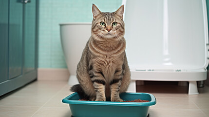 Cat sits in the litter box with litter