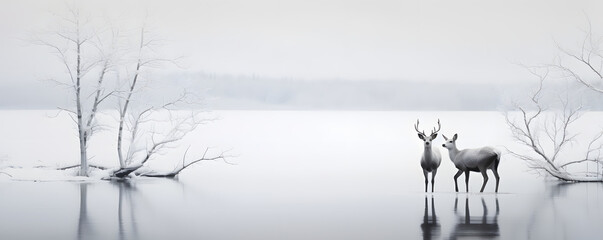 Two reindeers stand in the water on a forest lake, foggy muted snowy winter landscape. Photo of winter wildlife animals and nature. Design for greeting card, poster, print with copy space.