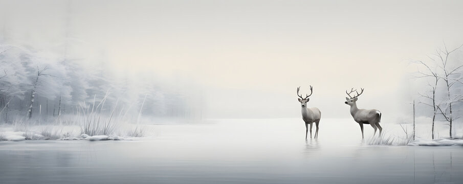 Two reindeers standing on the shore of the lake, foggy muted snowy winter forest landscape. Photo of winter wildlife animals and nature. Design for greeting card, poster, print with copy space.