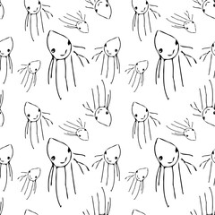Seamless pattern with cute cartoon monsters. Black and white vector illustration.