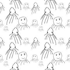 Seamless pattern with cute cartoon monsters. Black and white vector illustration.