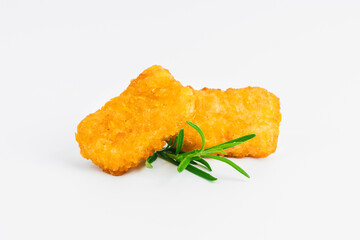 Breaded Chicken Inner Fillet on a White Background,Chicken Breaded Raw Meat.Chicken Breaded Fillet.Fast food. Fast cooking. Breaded chicken nuggets. Homemade food at home.