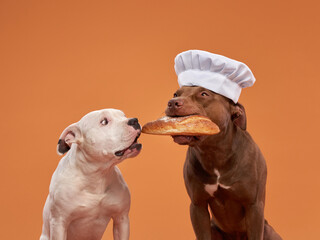Chef dog sharing bread with a friend, a playful studio snapshot. Their cooperative spirit and eager eyes tell a story of canine camaraderie - obrazy, fototapety, plakaty