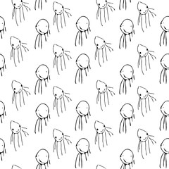Seamless pattern with cute cartoon monsters. Black and white vector illustration.