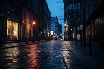 Wet Urban Street Scene at Twilight with City Lights