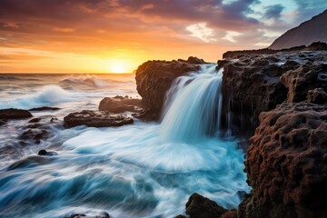Fototapeta premium Ocean Waterfall on Rocky Cliff at Sunset