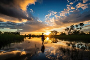 Person Silhouetted Against a Breathtaking Sunset Reflection in Wetlands