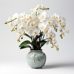 A vase filled with white flowers on top of a table