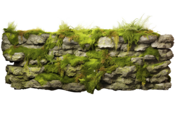Old Stone Wall Covered in Moss Isolated on Background