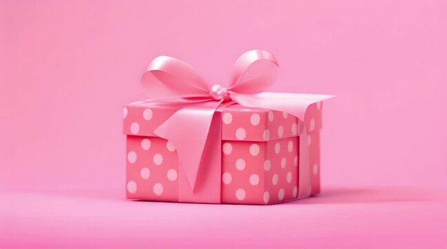 Gift pink box with white polka dots on a pink background.