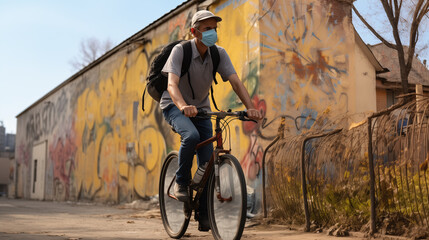 Man riding a bicycle along the grungy wall with graffiti, wearing a blue medical protective mask. Urban transport. Polluted air in the city, pandemic.