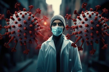 Virus, microscopic infectious agent, nucleic acid, rna dna, introduction into a living cell. Pandemic defense, masks, outbreaks, covid 19 and others. Disease protection - obrazy, fototapety, plakaty