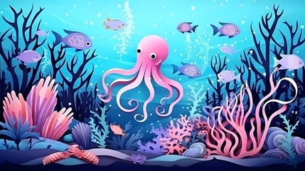 Fototapete Meeresleben Cartoon sea paper cut banner landscape with octopus, seaweeds and animals, vector undersea background. Ocean underwater or coral reef marine life in paper cut or cutout layers with shells and fishes