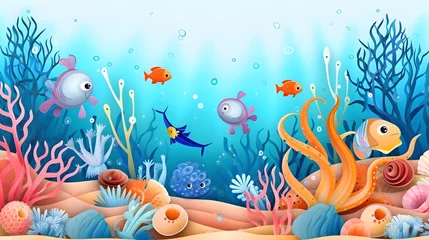 Poster Cartoon sea paper cut banner landscape with octopus, seaweeds and animals, vector undersea background. Ocean underwater or coral reef marine life in paper cut or cutout layers with shells and fishes © Ziyan