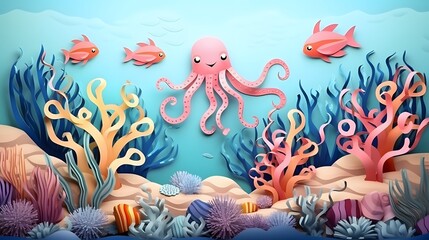 Obraz na płótnie Canvas Cartoon sea paper cut banner landscape with octopus, seaweeds and animals, vector undersea background. Ocean underwater or coral reef marine life in paper cut or cutout layers with shells and fishes