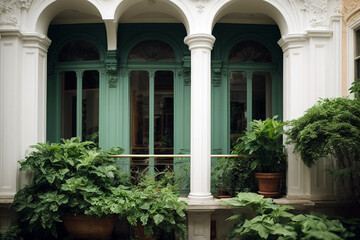 Fototapeta na wymiar Beautiful architecture detail with white walls and green plants
