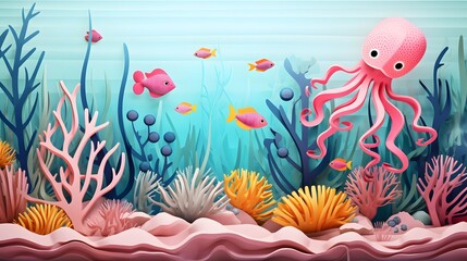 Cartoon sea paper cut banner landscape with octopus, seaweeds and animals, vector undersea background. Ocean underwater or coral reef marine life in paper cut or cutout layers with shells and fishes - obrazy, fototapety, plakaty