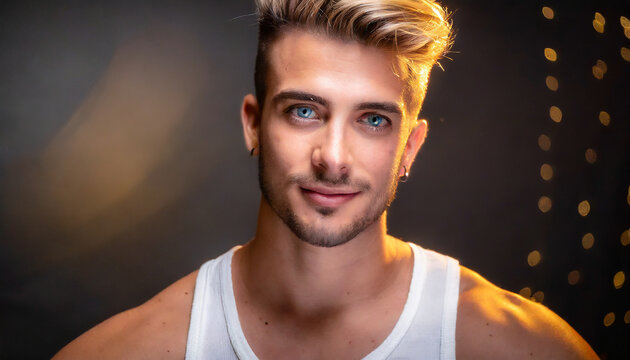modello biondo occhi azzurri bei capelli ciuffo 
