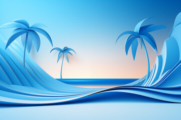 Fototapeta na wymiar blue background with paper art of palm tree on the beach