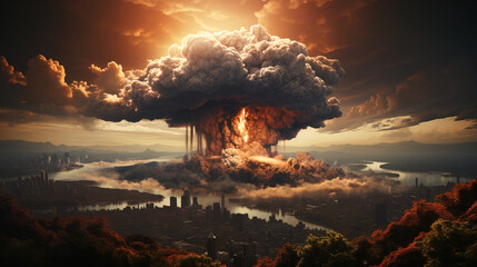 A nuclear explosion in the center of the big metropolis. Concept of third world war. AI generated - obrazy, fototapety, plakaty