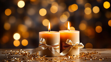 Festive background with christmas candles and and luminous shine particles bokeh on a blurry background. Holiday concept for banner, greeting card, invitation.
